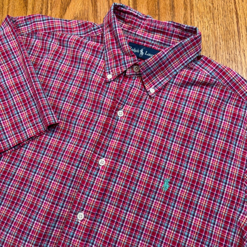 Polo Ralph Lauren Shirt Mens L Red Plaid Classic Fit Short Sleeve Button Down